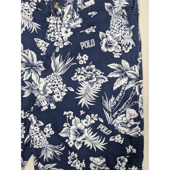 Polo Ralph Lauren Men 38 Relaxed Fit Hawaiian Bear Aloha Print Chino Shorts Navy - Picture 3 of 10